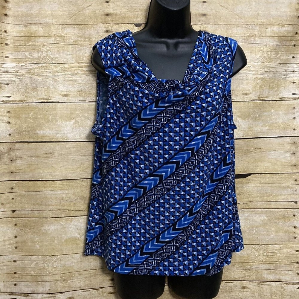 Chaps Ralph Lauren Size XL Draped Neck Top Blue Geometric Jersey Sleeveless